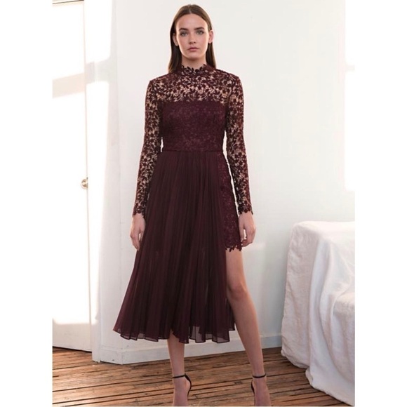 Amur Indina Burgundy Lace Midi Long Sleeve Mock A-Line Cocktail Dress Red Party